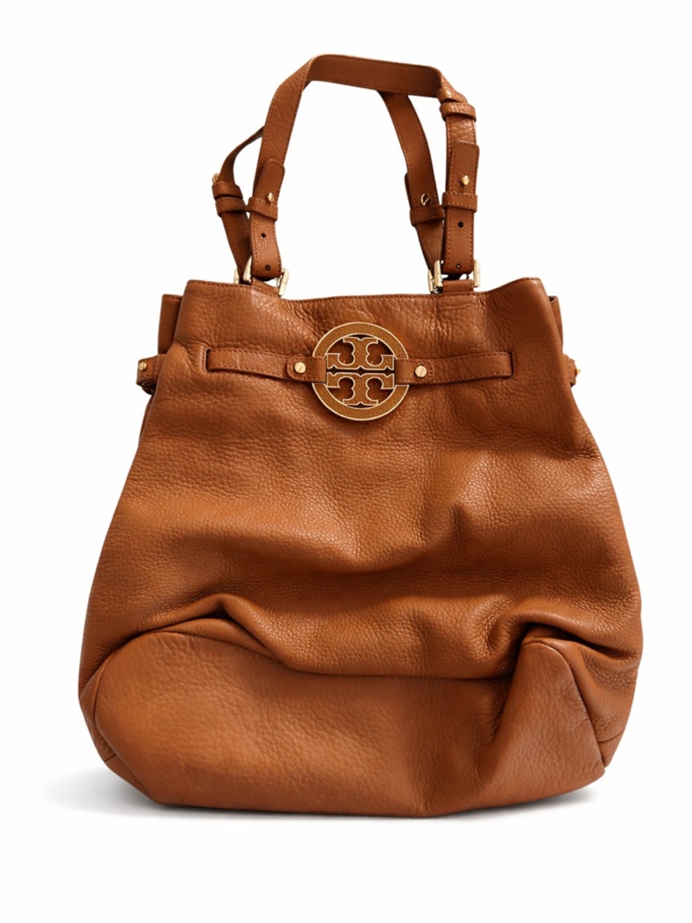 Tory Burch Cognac Leather Shoulder Tote with Logo Medallion